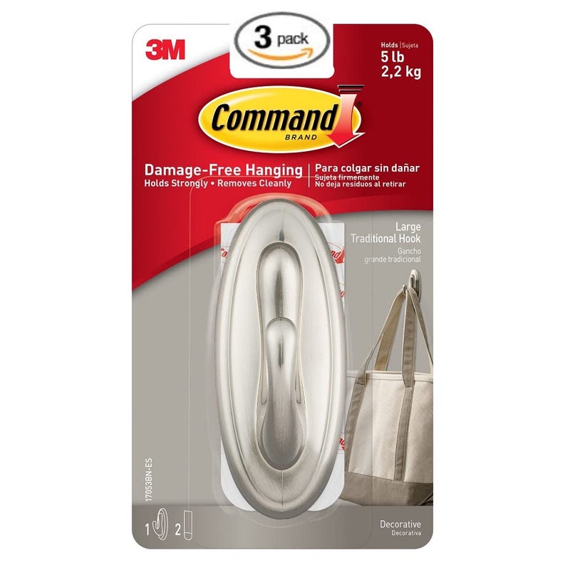 Command Traditional Large Plastic Hooks, Brushed Nickel, 3-Hook - Image 1